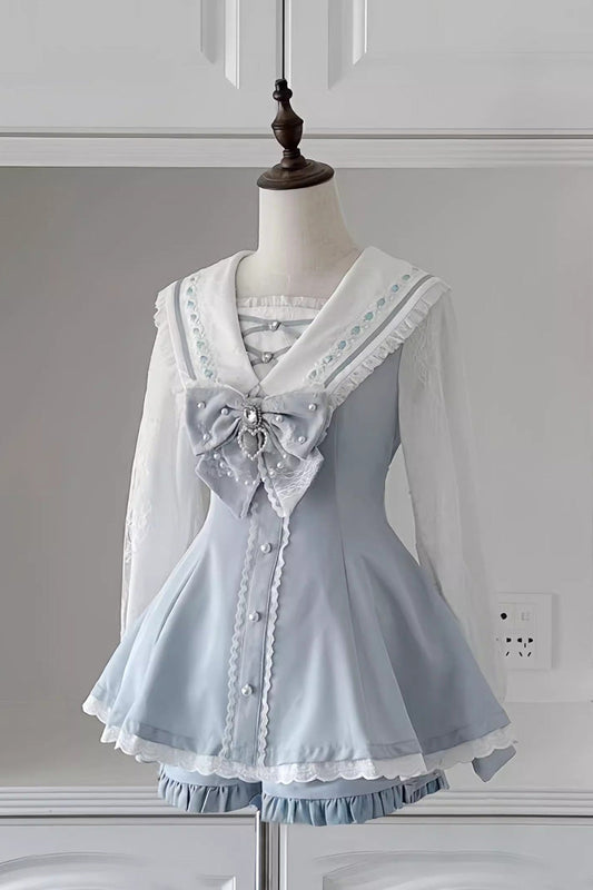 Sweet Long Sleeves Print Bowknot Jirai Kei Japanese Dress Set 3 Colors