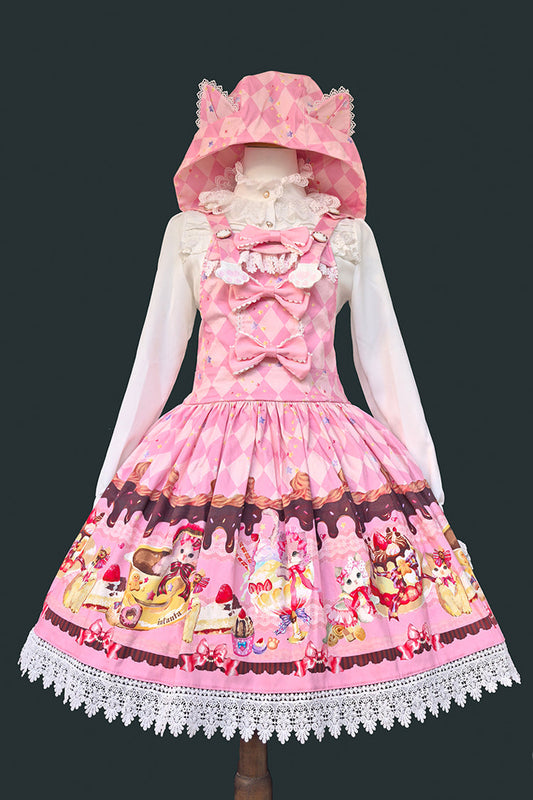 [Cream Meow] Sleeveless Print Bowknot Hooded Sweet Lolita Strap Dress 3 Colors