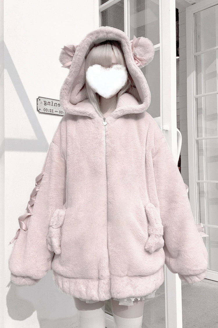 [Sleepy Bear Fluffy] Bear Ears Long Sleeves Bow Lace-Up Hooded Zippered Sweet Jirai Kei Japanese Coat