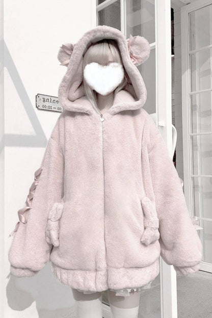 [Sleepy Bear Fluffy] Bear Ears Long Sleeves Bow Lace-Up Hooded Zippered Sweet Jirai Kei Japanese Coat