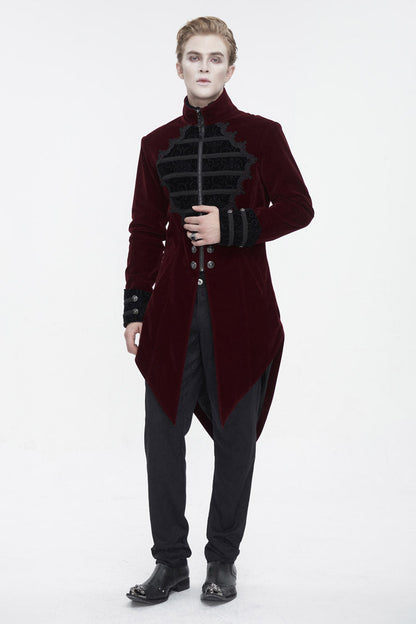 Red Stand Collar Lace Splice Swallow Tailed Men's Gothic Coat