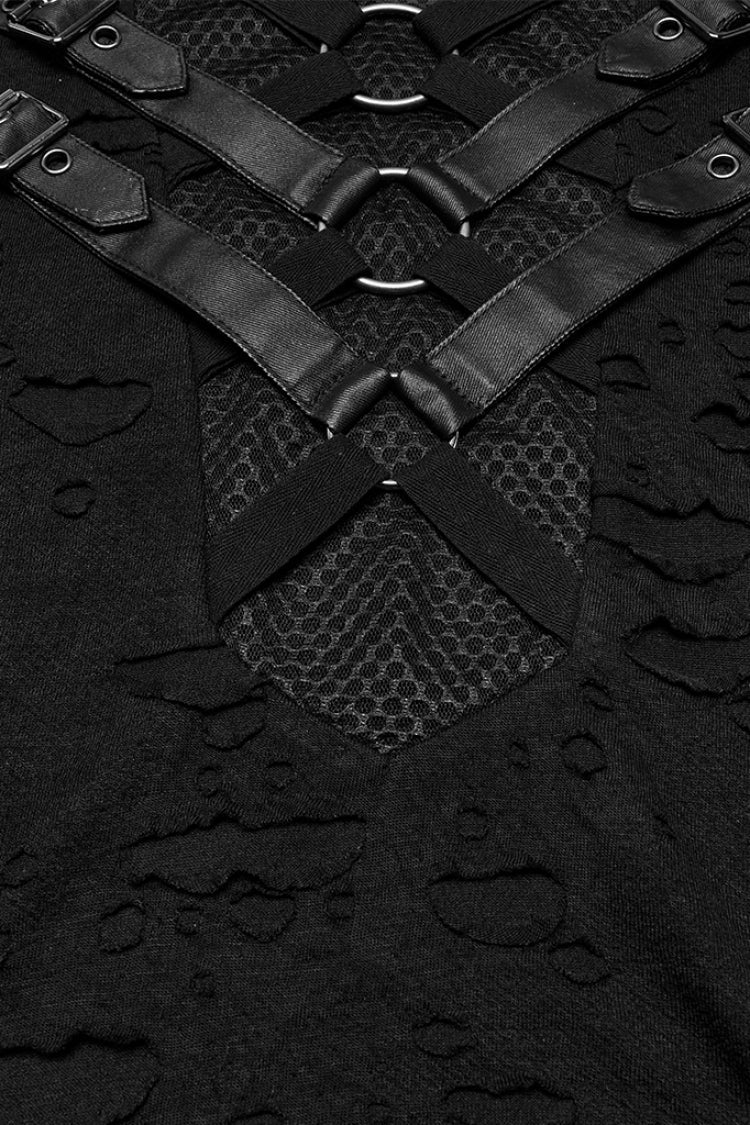 Black Short Sleeves Stitching Mesh Ripped Strap Men's Punk T-Shirt