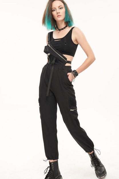 Black Punk Casual Single Shoulder Multiple Pockets Skull Head Decoration Strap Women's Pants