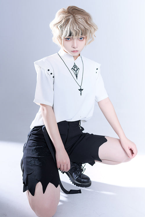 White Stand Collar Shoulder Expansion Spooky Shadow Embroidered Ouji Lolita Short Sleeves