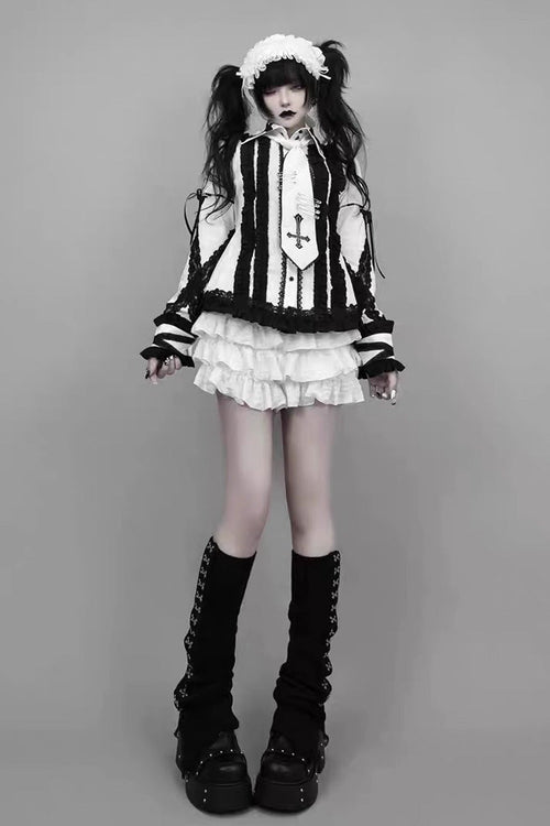 White/Black Lapel Collar Long Sleeves Embroidery Gothic Jirai Kei Blouse