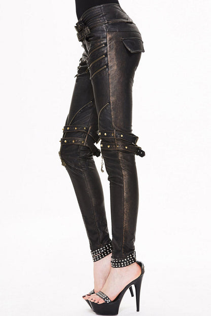 Brown Leather Metal Eyelets Belt Metal Buckle Leg Loop Hand-Rubbed Women's Punk Pants