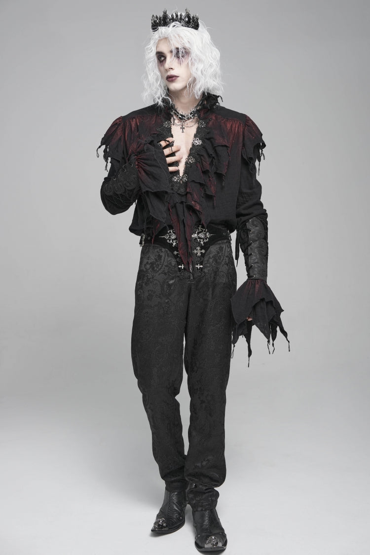 Black/Red Stand Collar Long Sleeves Ruffled Men's Gothic Plunging Shirt
