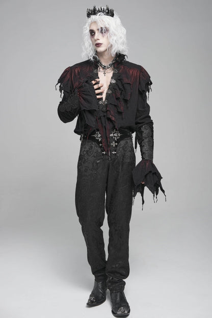 Black/Red Stand Collar Long Sleeves Ruffled Men's Gothic Plunging Shirt