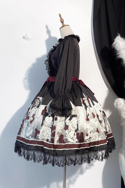 Black [Alice of the Asylum] Print Bowknot Lace Gothic Lolita Dress 2 Versions
