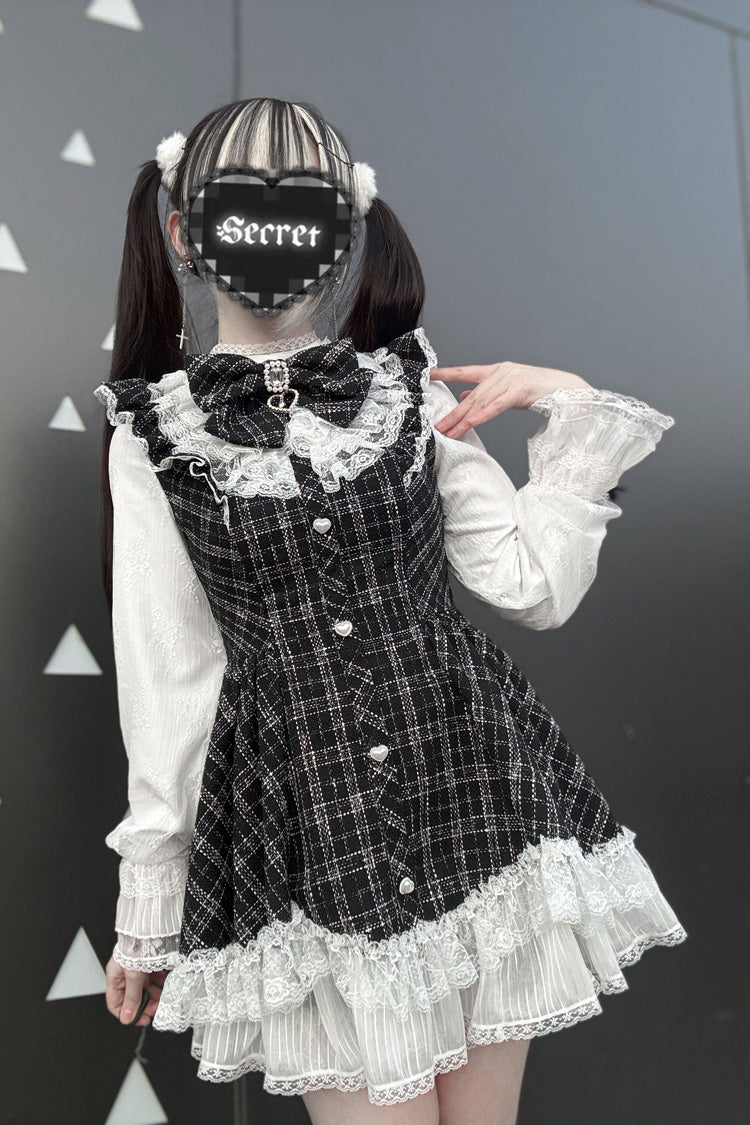 Black [Lunar Eclipse Doll] Long Sleeves Plaid Printed Ruffled Bow Lace Sweet Jirai Kei Japanese Dress Shorts Set