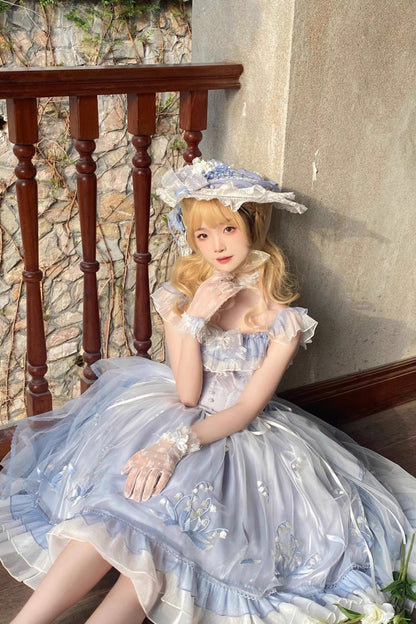 Blue [Love Is Coming] Multi-layer Ruffle Embroidery Bowknot Sweet Princess Lolita Jsk Dress