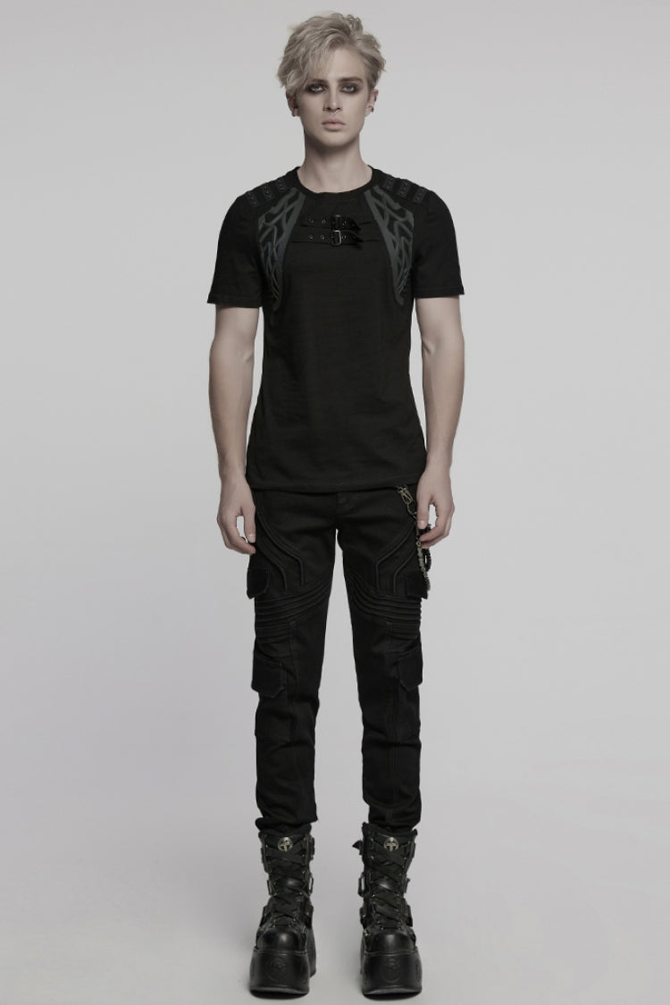 Black Round Collar Short Sleeves Studded Buckle Strap Men's Punk T-Shirt
