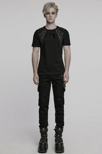 Black Round Collar Short Sleeves Studded Buckle Strap Men's Punk T-Shirt