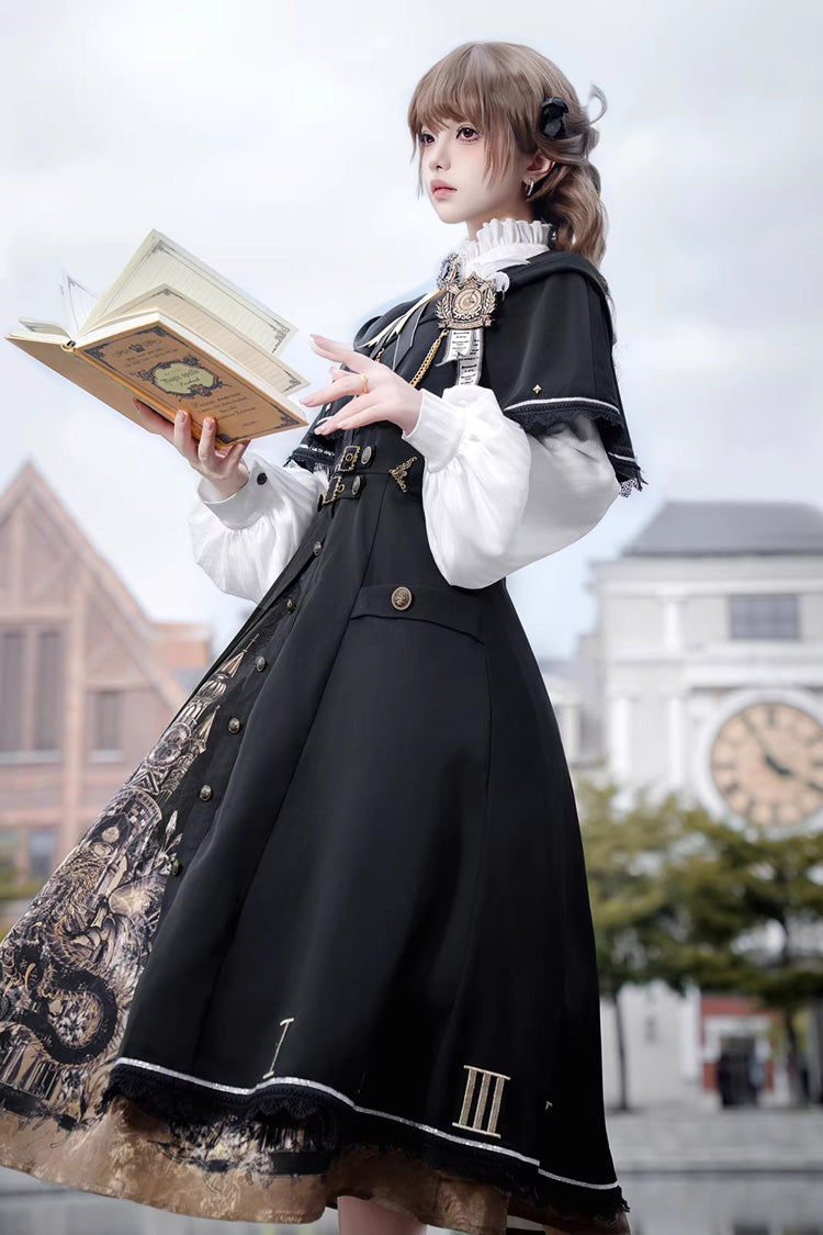 Black [Dragon’s Aria] Long Sleeves Printed Embroidered College Style Gothic Vintage Lolita Dress Three-Piece Set