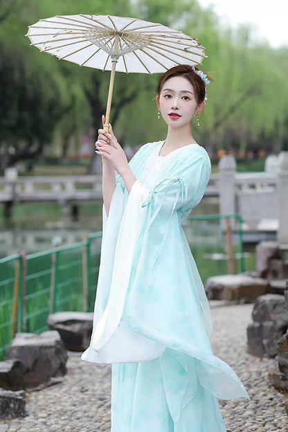 Blue V Collar High Waisted Lace-Up Women's Classic Hanfu Dress