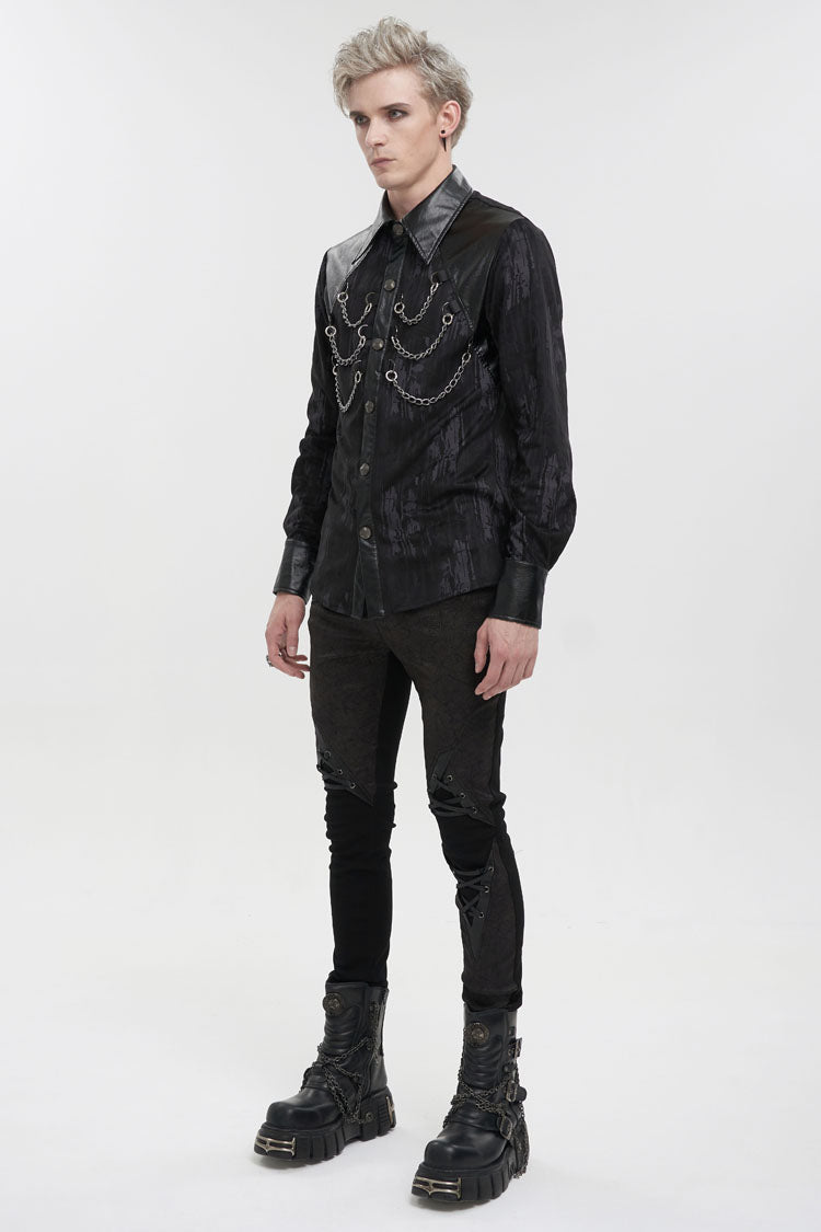 Black Ribbed Metal Chain Hand-Painted Velveteen Paneled Leather Men's Punk Shirt