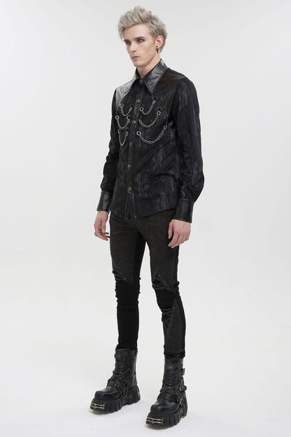 Black Ribbed Metal Chain Hand-Painted Velveteen Paneled Leather Men's Punk Shirt