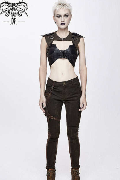 Brown Back Lace Up Raglan Sleeve Chest Hollow Loop Women's Punk Corset