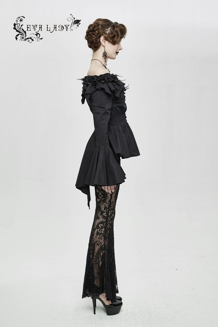 Black Rose Flowers Decoration One-Word Collar Long Sleeve Flare Cuff Women's Gothic Blouse