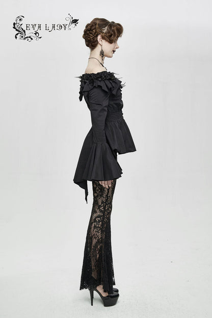 Black Rose Flowers Decoration One-Word Collar Long Sleeve Flare Cuff Women's Gothic Blouse