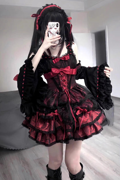 Black/Red Sleeveless Multi-layer Ruffle Bowknot Lace-Up Gothic Princess Lolita Jsk Dress