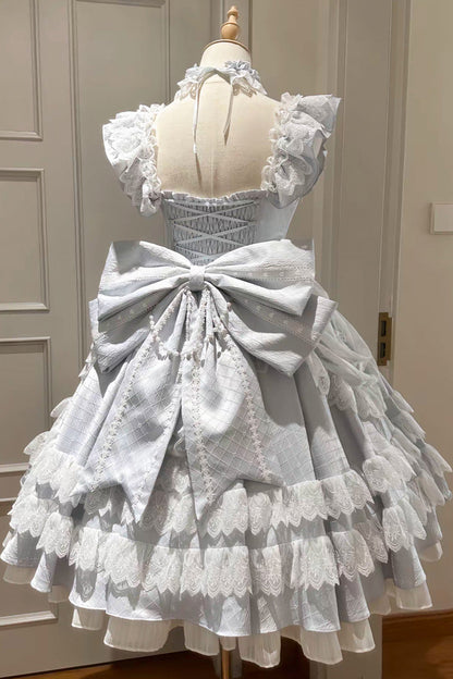 Blue [Fairy Tale Advent] Multi-Layered Ruffle Bowknot Lace Sweet Princess Gorgeous Lolita Tiered Dress