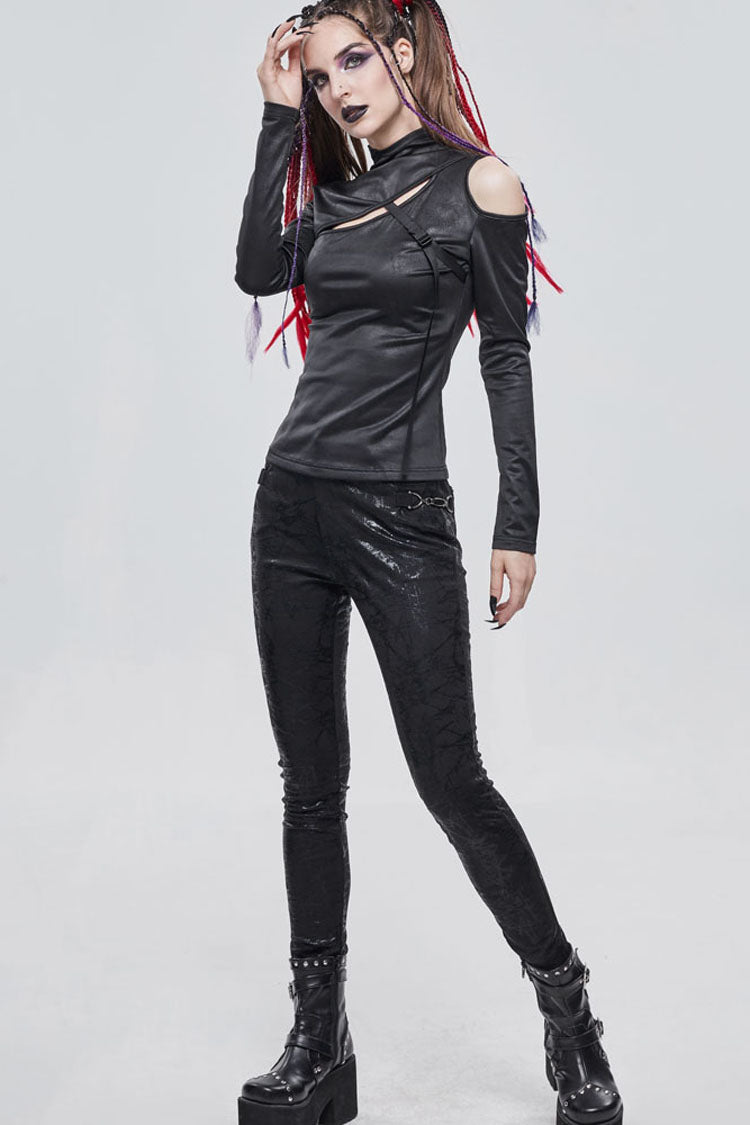 Black Punk Stretch Knitted Fabric Chest Cutout Design Buckle Strap Decoration Long Sleeve Women's Shirt