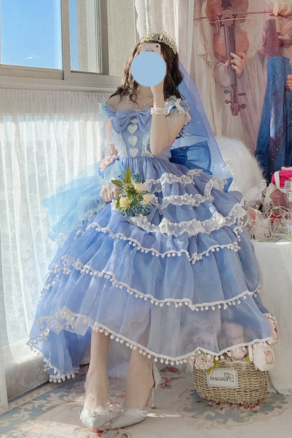 Blue Multi-Layered Ruffled Hanayome Bow Pearl-Decorated Sweet Lolita Jsk Dress Full Set 2 Versions