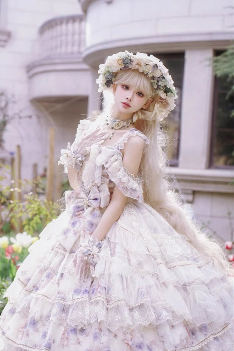 Blue [Rose Letter] Off Shoulder Triple-Layered Print Ruffle Hanayome Sweet Princess Lolita Dress
