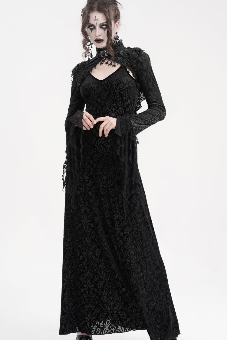 Black Stand Collar Long Sleeves Lace Tassels Women's Gothic Cape