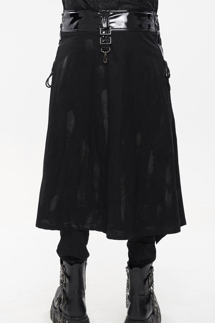 Black Punk Patent Leather Paneled Belt Irregular Print Metal Men's Skirt