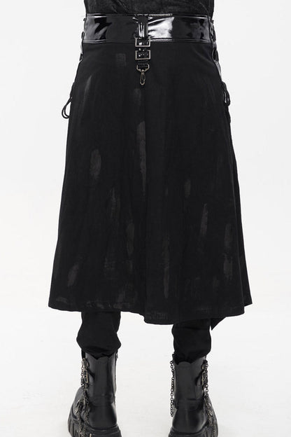 Black Punk Patent Leather Paneled Belt Irregular Print Metal Men's Skirt
