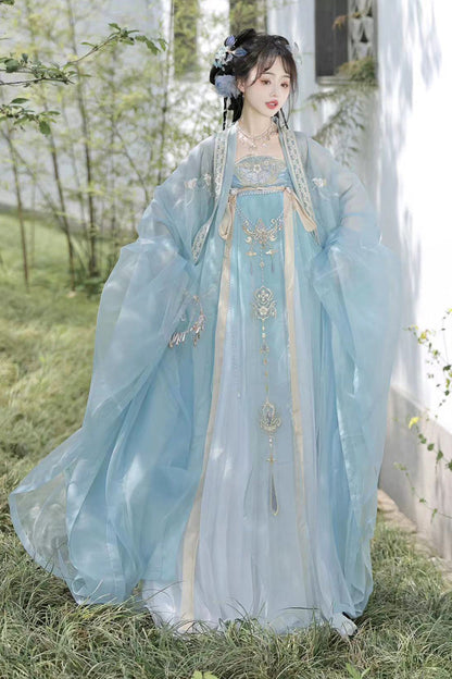 Blue Long Sleeves Embroidery Pearl Chain Sweet Tang-style Hanfu Hezi Dress Set