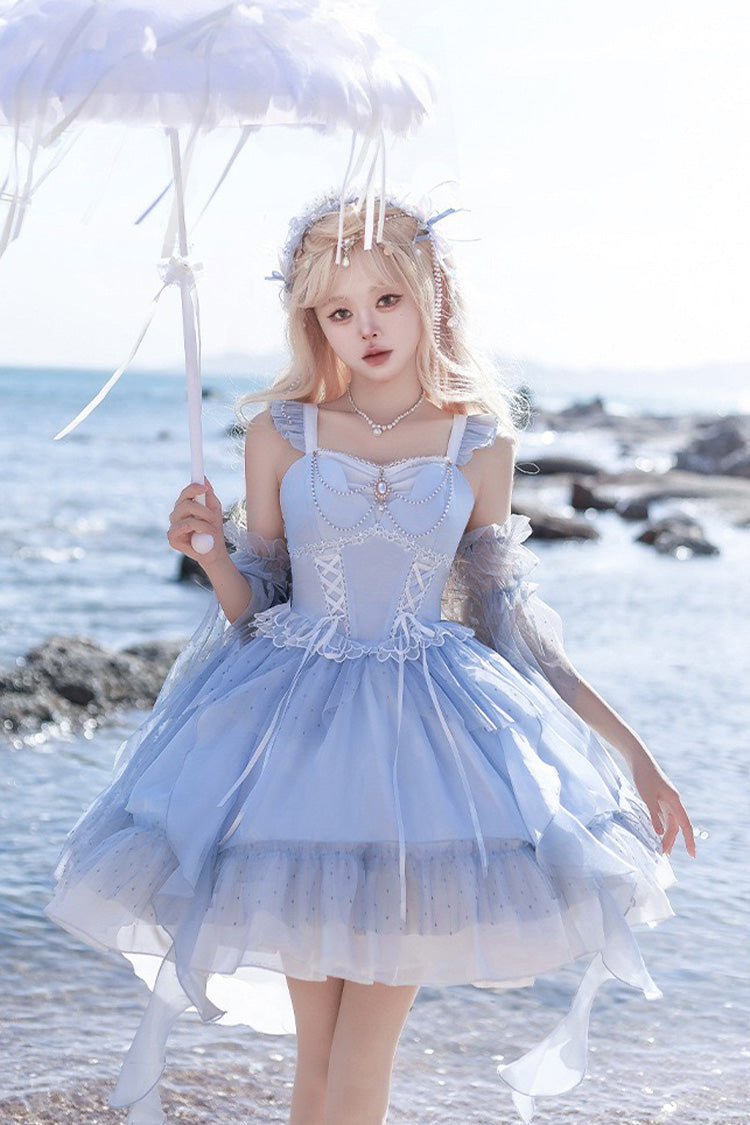 Blue The Moon Goddess's Song Multi-layer Ruffle Lace-Up Sweet Elegant Lolita Jsk Dress