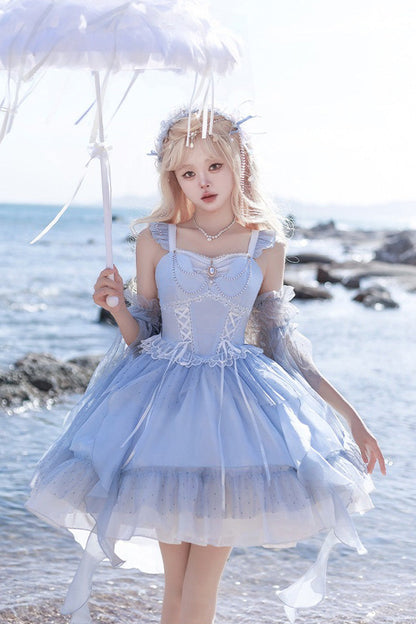 Blue The Moon Goddess's Song Multi-layer Ruffle Lace-Up Sweet Elegant Lolita Jsk Dress