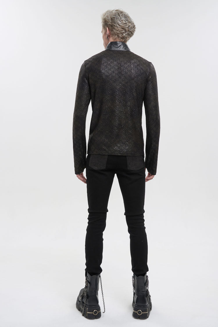 Black Stand Collar Long Sleeves Faux Leather Splice Men's Gothic Shirt
