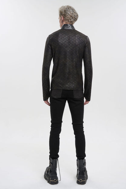 Black Stand Collar Long Sleeves Faux Leather Splice Men's Gothic Shirt
