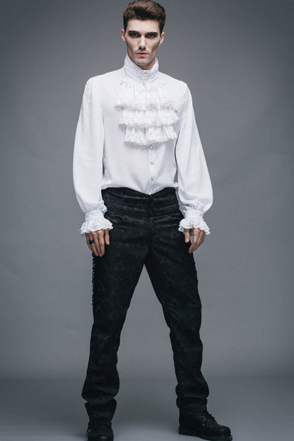 White Ruffled Lace Button-Up Micro-bullet Chiffon Long Sleeve Men's Gothic Shirt