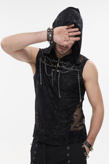Black Skull Hollowed Out Print Stitched Sleeveless Chain Hoodie Men's Punk Shirt