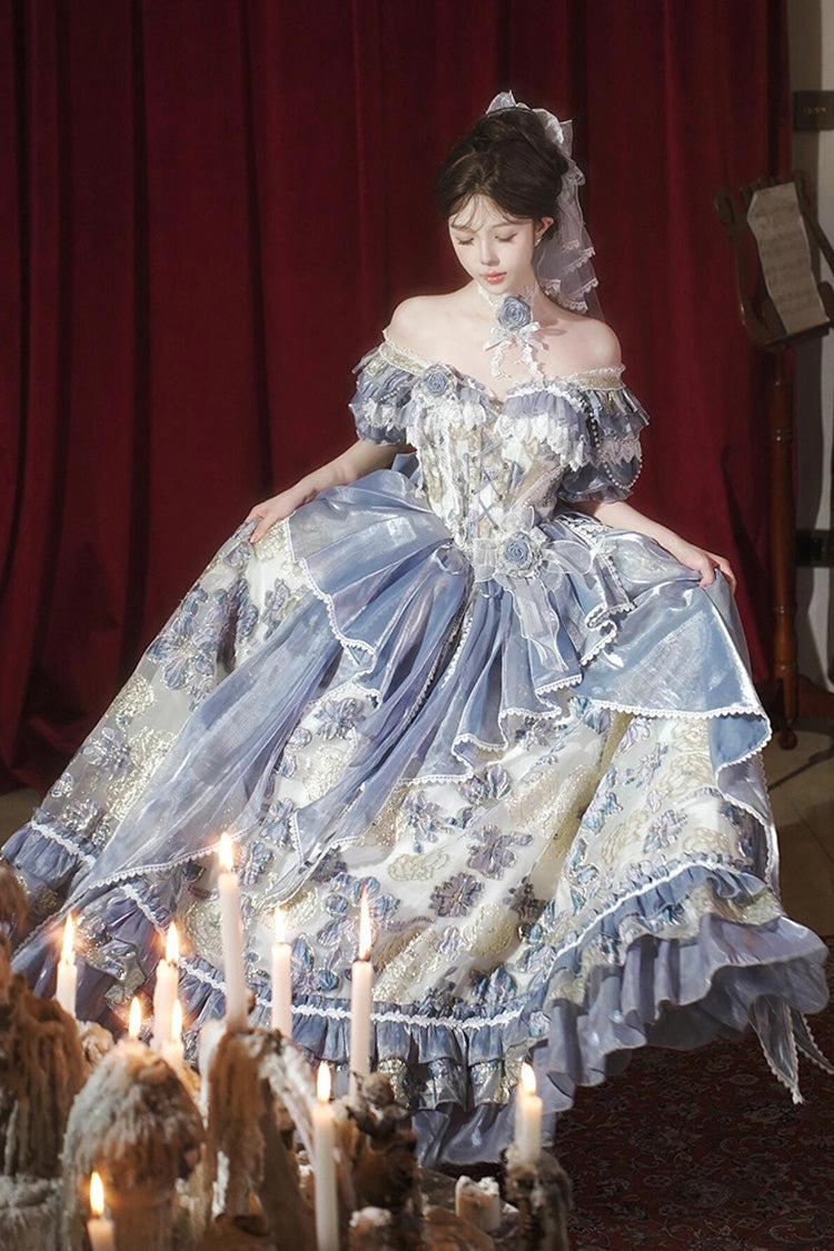 Blue [Jacaranda] Off Shoulder Short Sleeves Printed Ruffled Embroidered Bow Lace-Up Sweet Elegant Princess Lolita Dress
