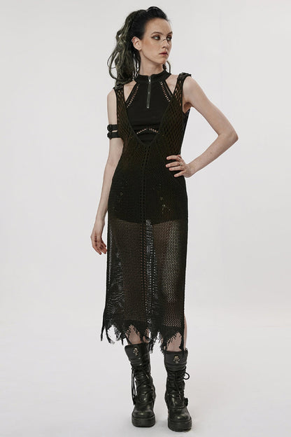 Black V Collar Knitted Hollow Mesh Women's Gothic Dress