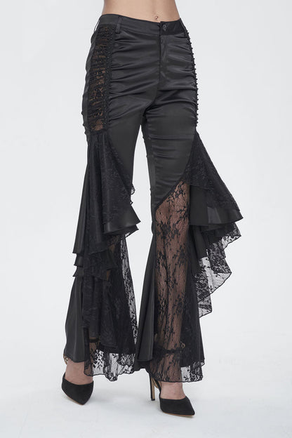 Black Ruffle Lace Stitching Womens Gothic Flared Pant