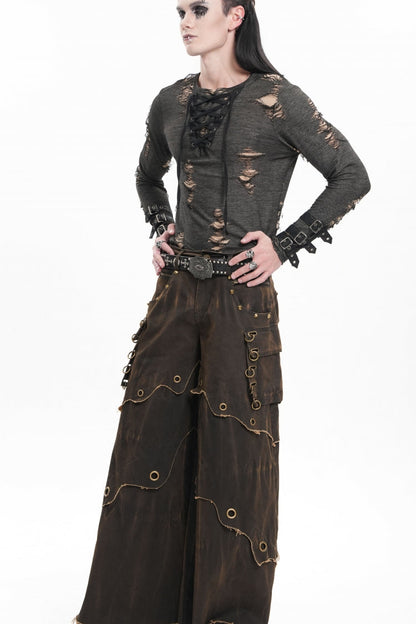 Coffee Eyelet Men's Gothic Pants Pocket Trousers