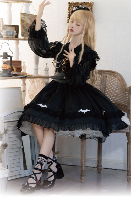 Black Round Collar Ruffled Lantern Sleeves High Waisted Trainee Witch Sweet Lolita Dress