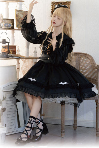 Black Round Collar Ruffled Lantern Sleeves High Waisted Trainee Witch Sweet Lolita Dress