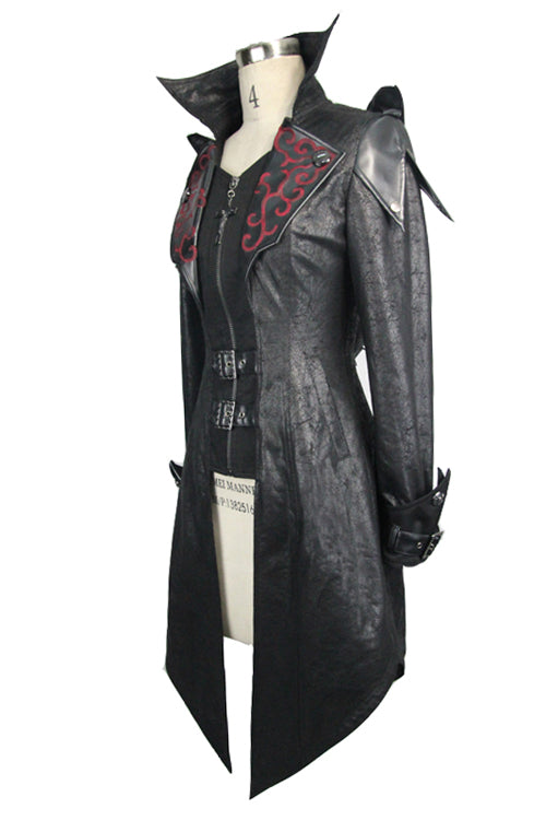 Black Punk Burnt Out Applique Hooded Womens Leather Coat