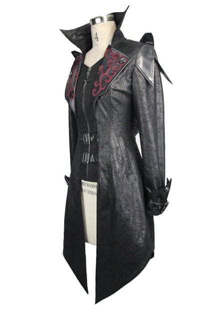 Black Punk Burnt Out Applique Hooded Womens Leather Coat