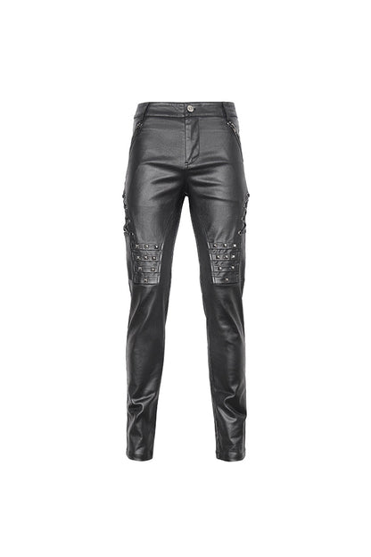 Black Studded Lace Up Leather Men's Punk Pants