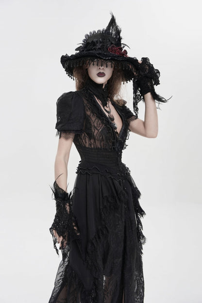 Black V Collar Short Sleeves Hanayome Lace Women's Gothic Wedding Dress