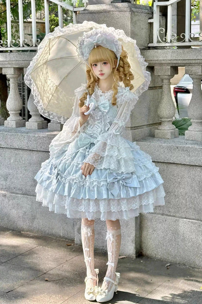 Blue [Dream-Sinking Pearl Veil] Doll-Style Sleeveless Multi-Layered Ruffled Bow Lace Daily Sweet Lolita Dress